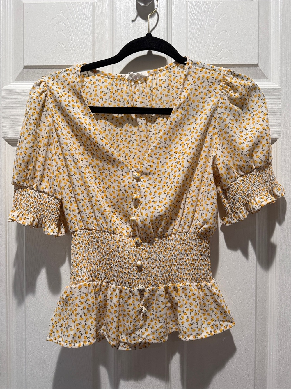Floral Puff Sleeve Smocked Peplum Top - Yellow